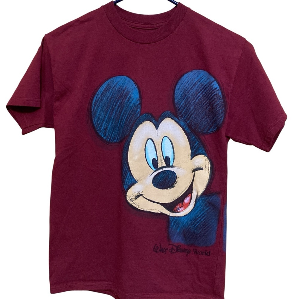 Disney Burgundy Mickey Mouse Double Sided Hanes Short Sleeve Shirt, Youth Large - Picture 1 of 4